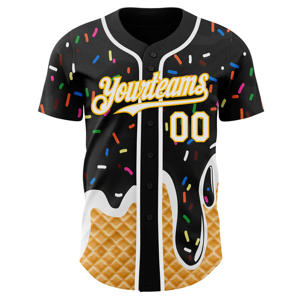 Custom Black White-Gold Ice Cream Waffle Foodie Dessert Authentic Baseball Jersey alternate