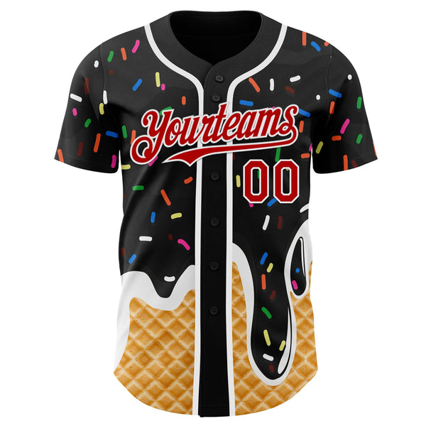Custom Black Red-White Ice Cream Waffle Foodie Dessert Authentic Baseball Jersey alternate