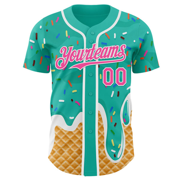 Custom Aqua Pink-White Ice Cream Waffle Foodie Dessert Authentic Baseball Jersey alternate