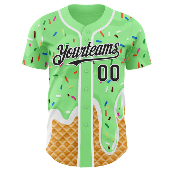 Custom Pea Green Black-White Ice Cream Waffle Foodie Dessert Authentic Baseball Jersey alternate