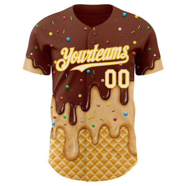 Custom Brown Cream-Gold Ice Cream Waffle Foodie Dessert Authentic Baseball Jersey alternate
