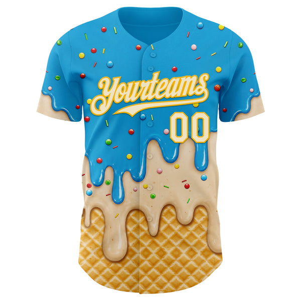 Custom Sky Blue Cream-Gold Ice Cream Waffle Foodie Dessert Authentic Baseball Jersey alt