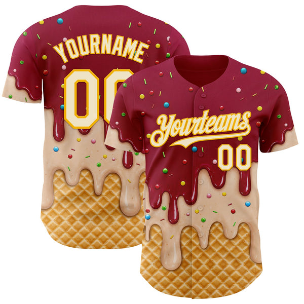 Custom Maroon Cream-Gold Ice Cream Waffle Foodie Dessert Authentic Baseball Jersey