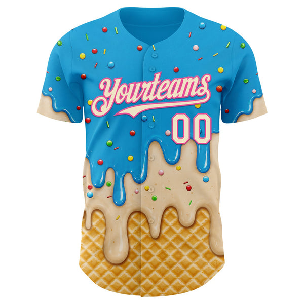 Custom Sky Blue Cream-Pink Ice Cream Waffle Foodie Dessert Authentic Baseball Jersey alternate
