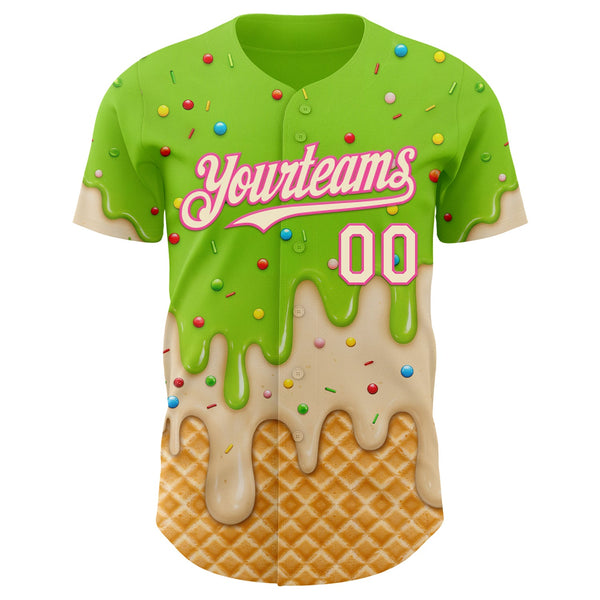 Custom Neon Green Cream-Pink Ice Cream Waffle Foodie Dessert Authentic Baseball Jersey alternate