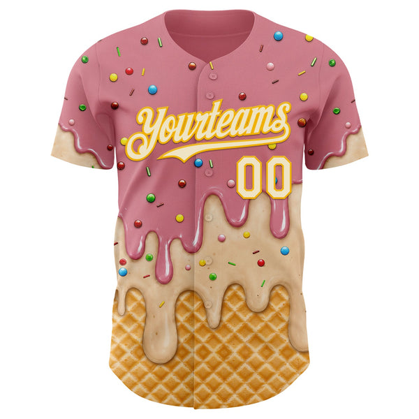 Custom Medium Pink Cream-Gold Ice Cream Waffle Foodie Dessert Authentic Baseball Jersey alternate