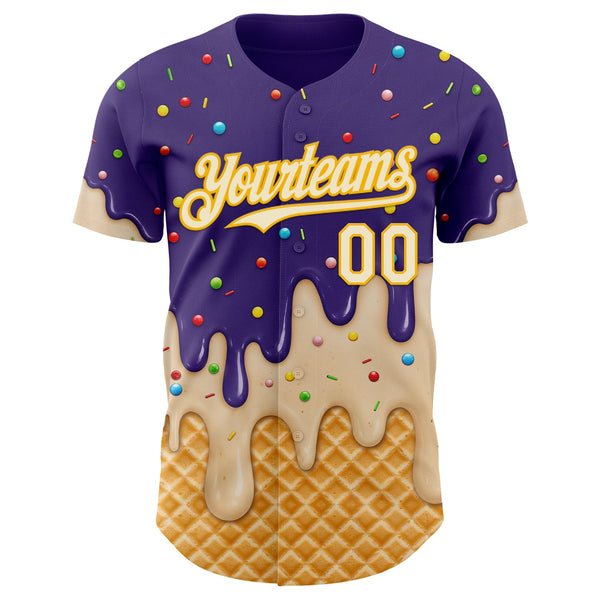 Custom Purple Cream-Gold Ice Cream Waffle Foodie Dessert Authentic Baseball Jersey alternate