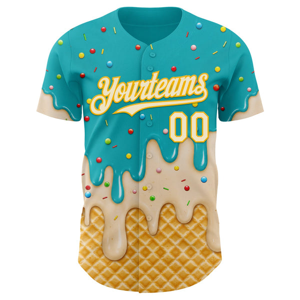 Custom Aqua Cream-Gold Ice Cream Waffle Foodie Dessert Authentic Baseball Jersey alternate