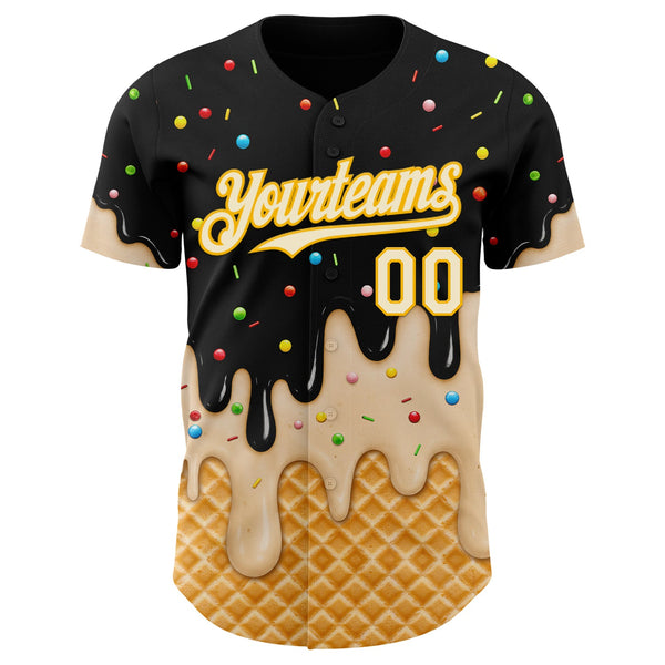 Custom Black Cream-Gold Ice Cream Waffle Foodie Dessert Authentic Baseball Jersey alternate