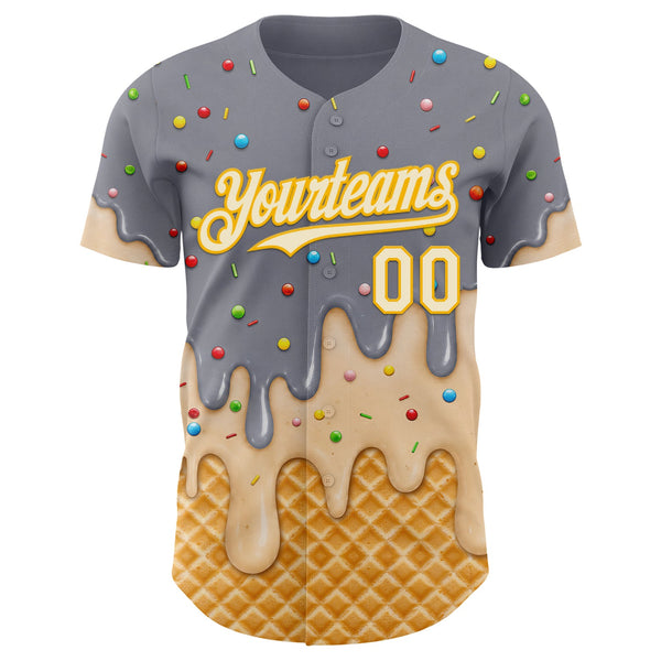 Custom Gray Cream-Gold Ice Cream Waffle Foodie Dessert Authentic Baseball Jersey alternate