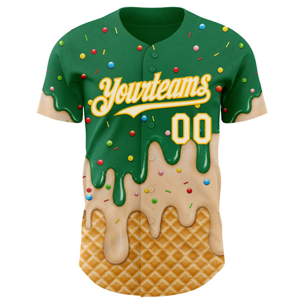 Custom Kelly Green Cream-Gold Ice Cream Waffle Foodie Dessert Authentic Baseball Jersey alternate