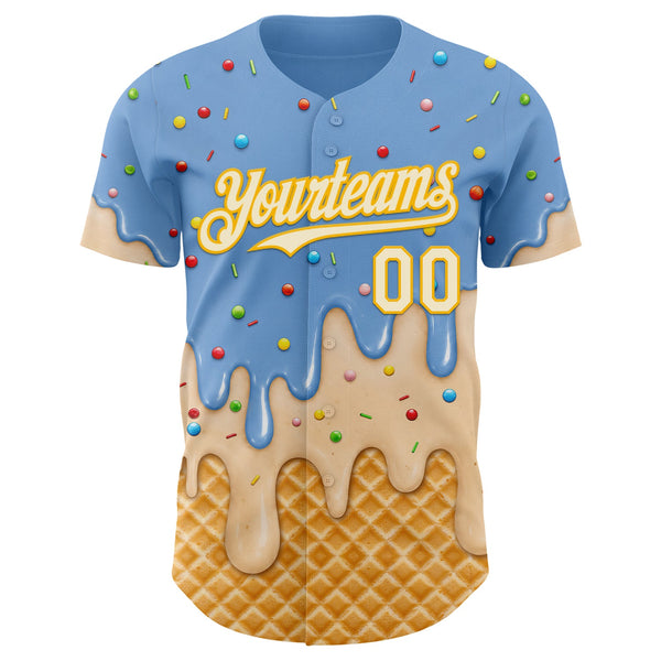 Custom Light Blue Cream-Gold Ice Cream Waffle Foodie Dessert Authentic Baseball Jersey alternate
