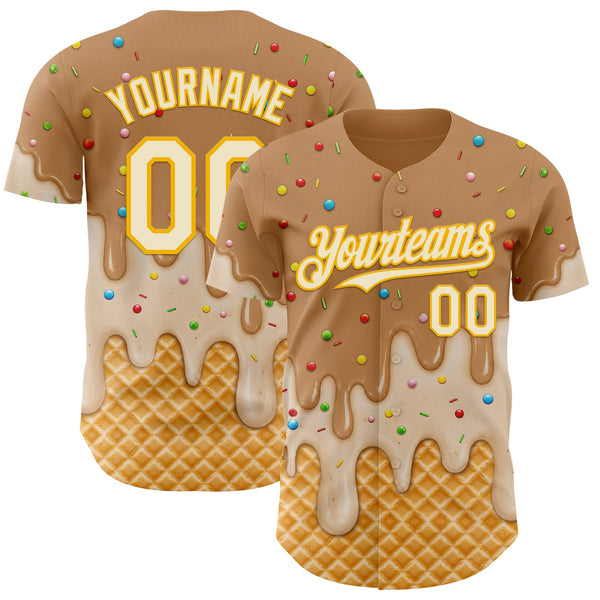 Custom Tan Cream-Gold Ice Cream Waffle Foodie Dessert Authentic Baseball Jersey