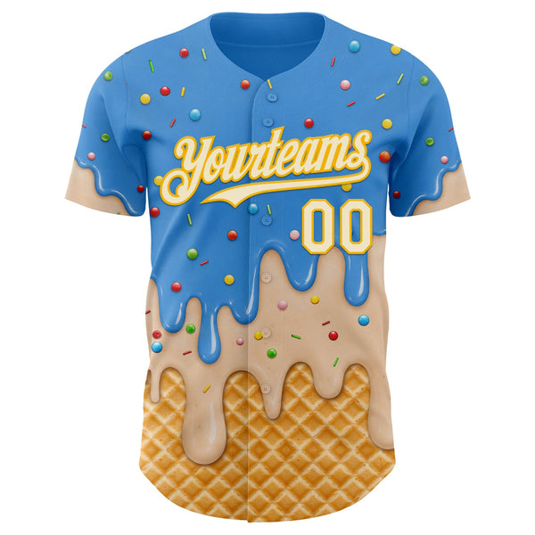 Custom Electric Blue Cream-Gold Ice Cream Waffle Foodie Dessert Authentic Baseball Jersey alternate