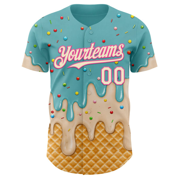 Custom Mint Aqua Cream-Pink Ice Cream Waffle Foodie Dessert Authentic Baseball Jersey alternate