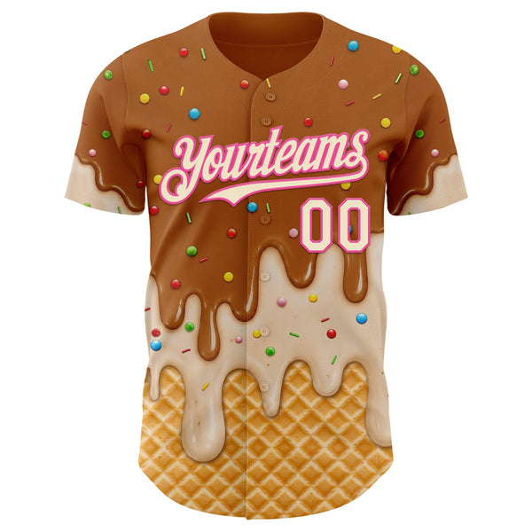 Custom Chocolate Brown Cream-Pink Ice Cream Waffle Foodie Dessert Authentic Baseball Jersey alternate
