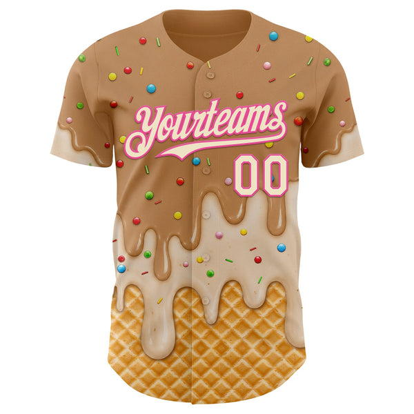 Custom Tan Cream-Pink Ice Cream Waffle Foodie Dessert Authentic Baseball Jersey alternate