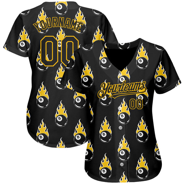Custom Black Gold 3D Pattern Design Flaming Billiards Snooker 8 Ball Authentic Baseball Jersey alternate