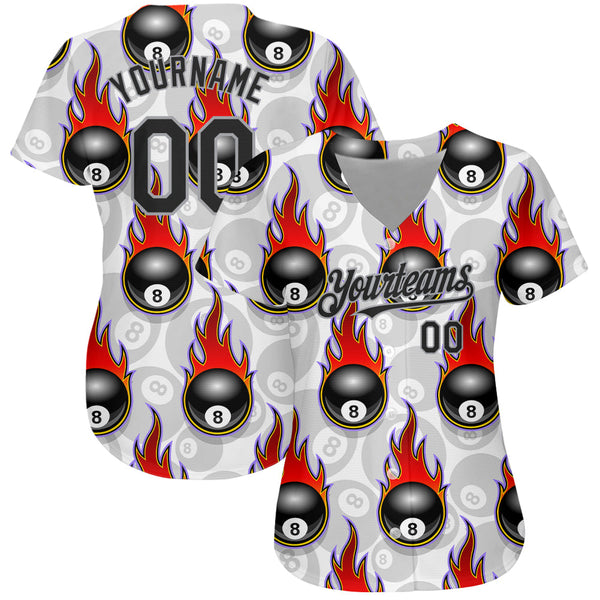 Custom White Black-Gray 3D Pattern Design Flaming Billiards Snooker 8 Ball Authentic Baseball Jersey alternate