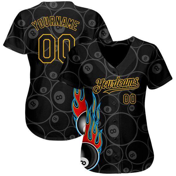 Custom Black Gold 3D Pattern Design Flaming Billiards Snooker 8 Ball Authentic Baseball Jersey alternate