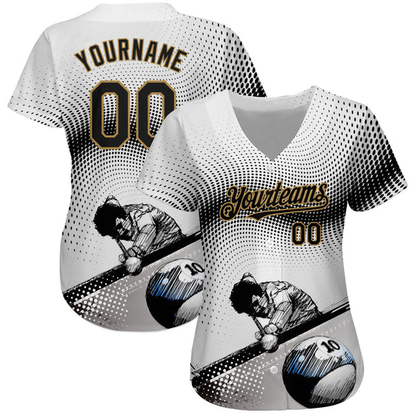 Custom White Black-Old Gold 3D Pattern Design Billiards Authentic Baseball Jersey alternate
