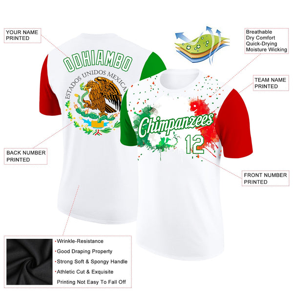Custom White Grass Green-Red 3D Mexican Flag Splashes Performance T-Shirt alternate