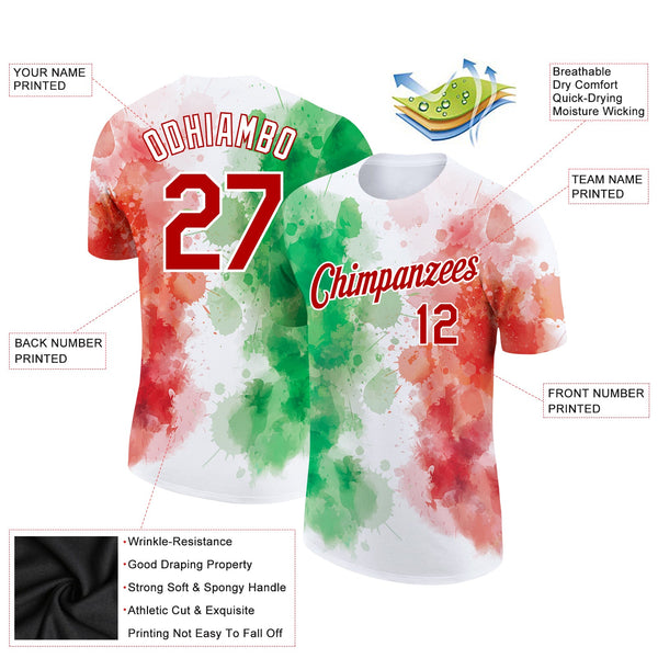 Custom White Red-Kelly Green 3D Mexico Watercolored Splashes Grunge Design Performance T-Shirt alternate