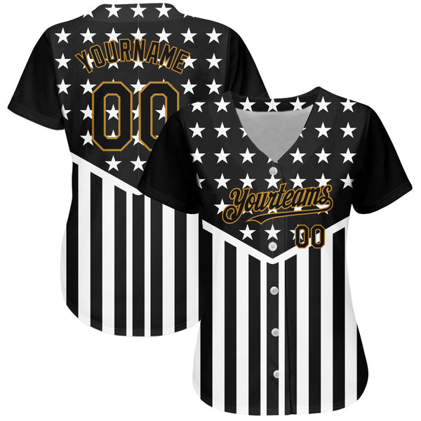 Custom Black Old Gold-White 3D American Flag Authentic Baseball Jersey alternate