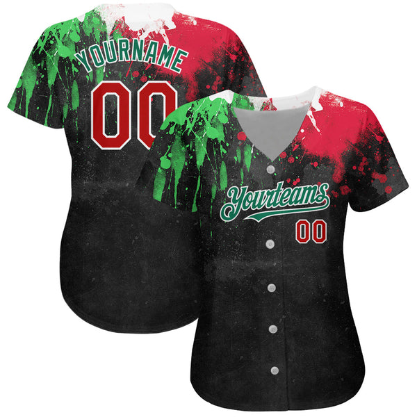 Custom Black Red Kelly Green 3D Mexican Flag Watercolored Splashes Grunge Design Authentic Baseball Jersey alternate