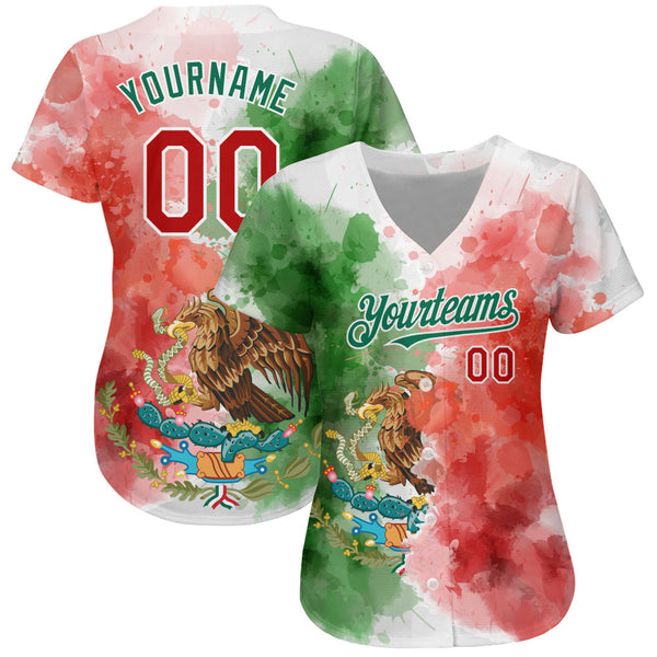 Custom Kelly Green Red-White 3D Mexican Flag Watercolored Splashes Grunge Design Authentic Baseball Jersey alternate
