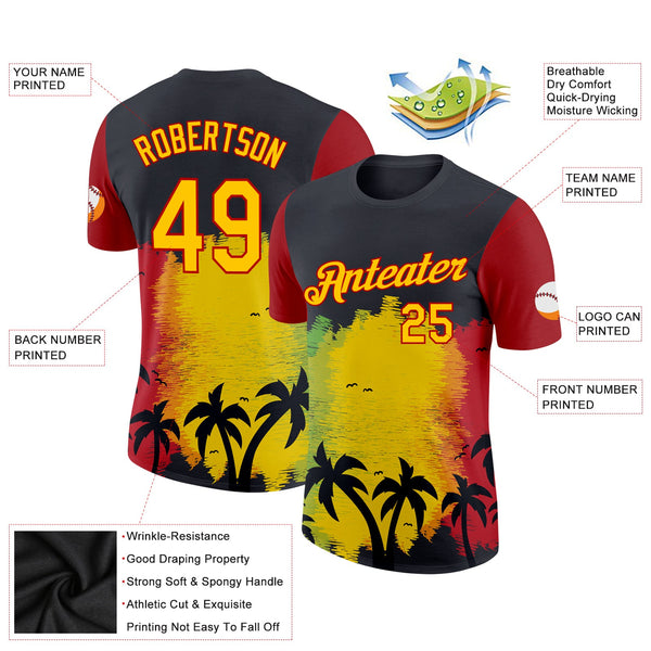 Custom Black Yellow-Red 3D Pattern Design Black History Month Hawaii Palm Trees Performance T-Shirt alternate