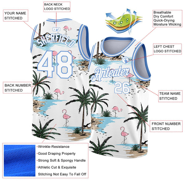 Custom White Light Blue 3D Pattern Tropical Hawaii Palm Trees Authentic Basketball Jersey alternate