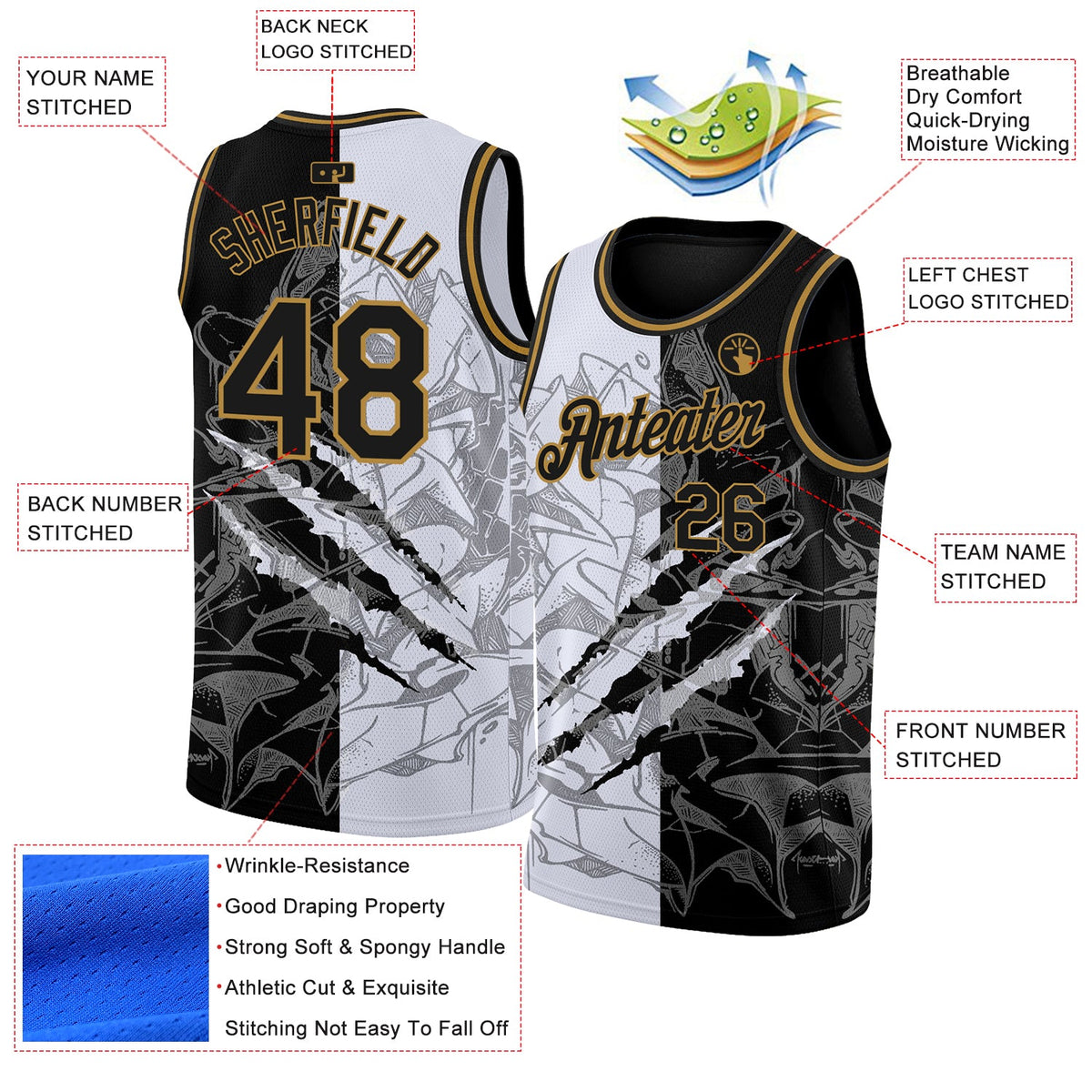 Custom Graffiti Pattern Black-Old Gold 3D Scratch Authentic Basketball Jersey - Back