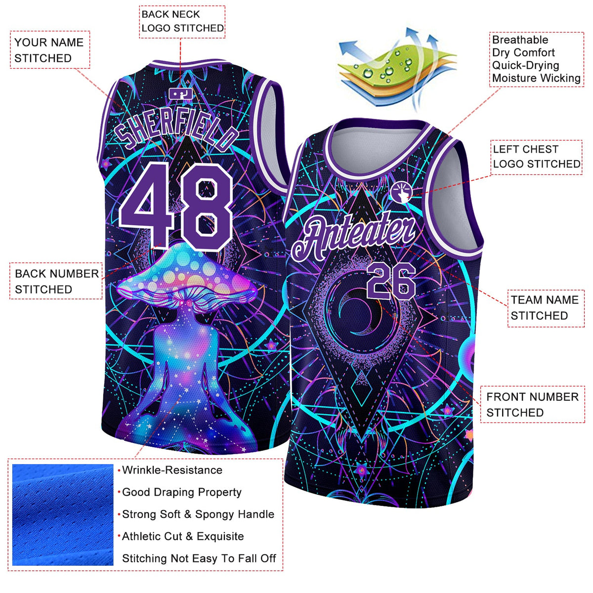 Custom Purple White 3D Pattern Design Magic Mushrooms Over Sacred Geometry Psychedelic Hallucination Authentic Basketball Jersey - Back