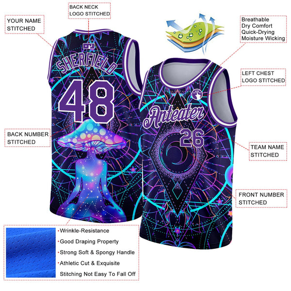 Custom Purple White 3D Pattern Design Magic Mushrooms Over Sacred Geometry Psychedelic Hallucination Authentic Basketball Jersey alternate