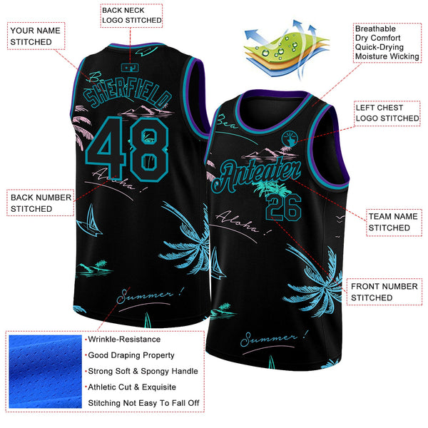 Custom Black Teal 3D Pattern Tropical Hawaii Palm Trees Authentic Basketball Jersey alternate