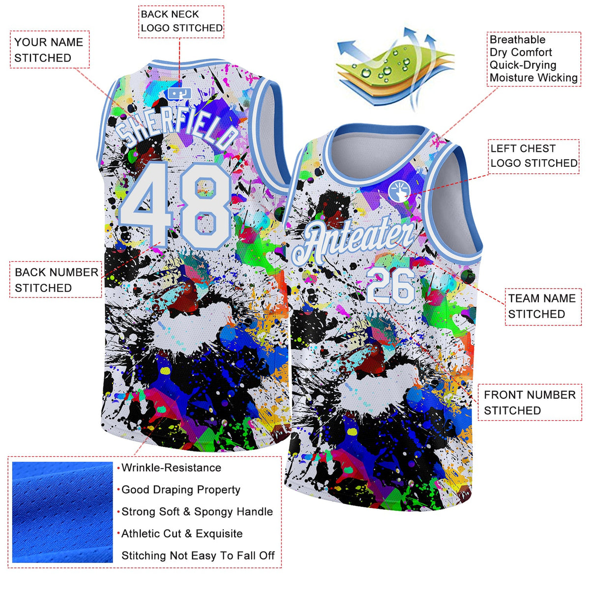 Custom Graffiti Pattern White-Light Blue 3D Grunge Art Authentic Basketball Jersey - Back