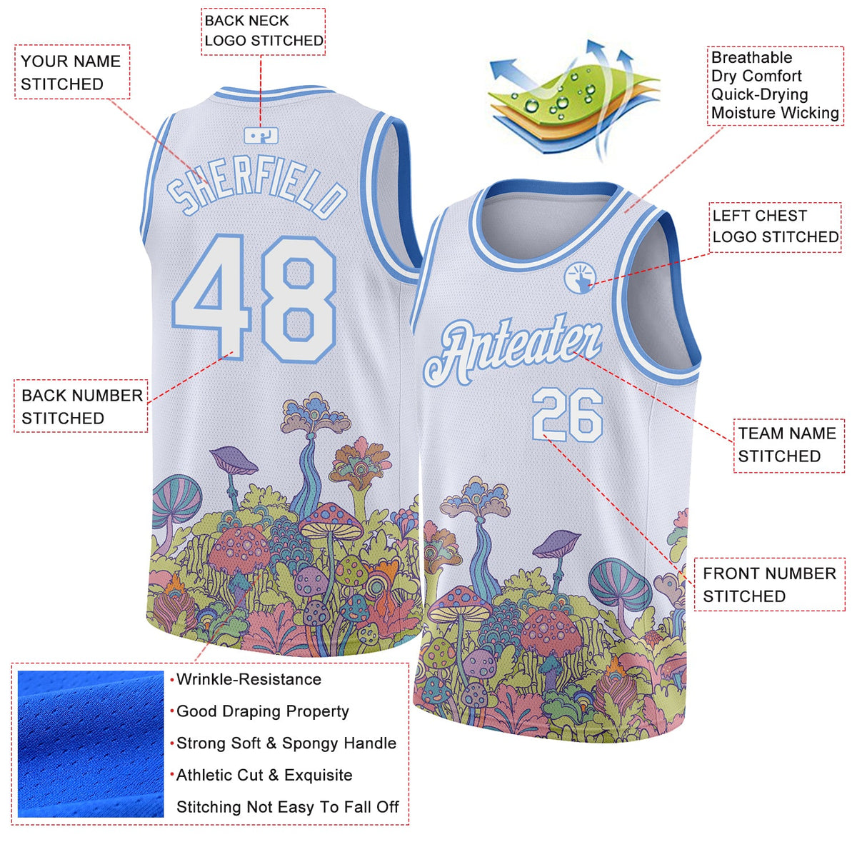 Custom White Light Blue 3D Pattern Design Colorful Flowers And Mushrooms Psychedelic Hallucination Authentic Basketball Jersey - Back