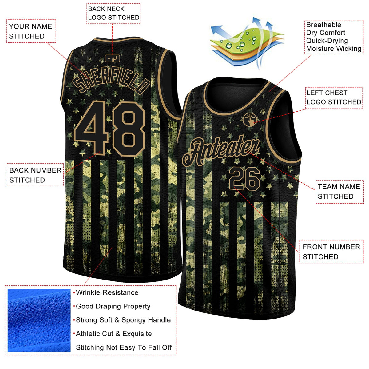 Custom Camo Black-Old Gold 3D American Flag Fashion Authentic Salute To Service Basketball Jersey - Back