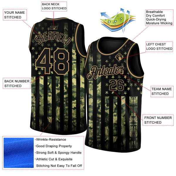 Custom Camo Black-Old Gold 3D American Flag Fashion Authentic Salute To Service Basketball Jersey alternate