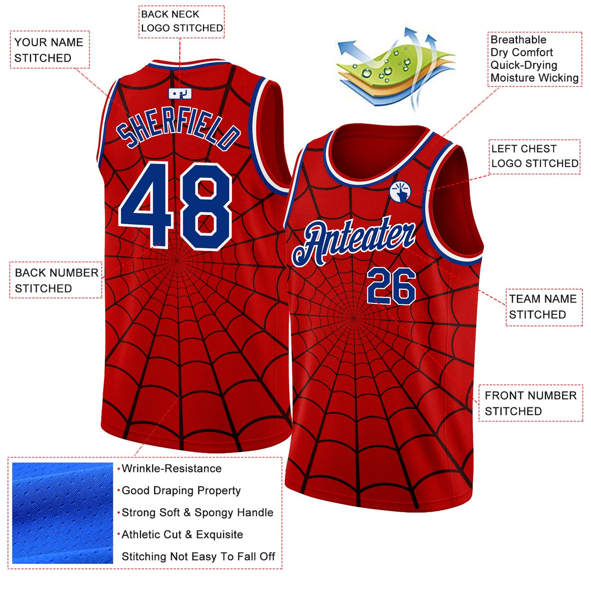 Custom Red Royal-White 3D Pattern Design Spider Web Authentic Basketball Jersey - Back