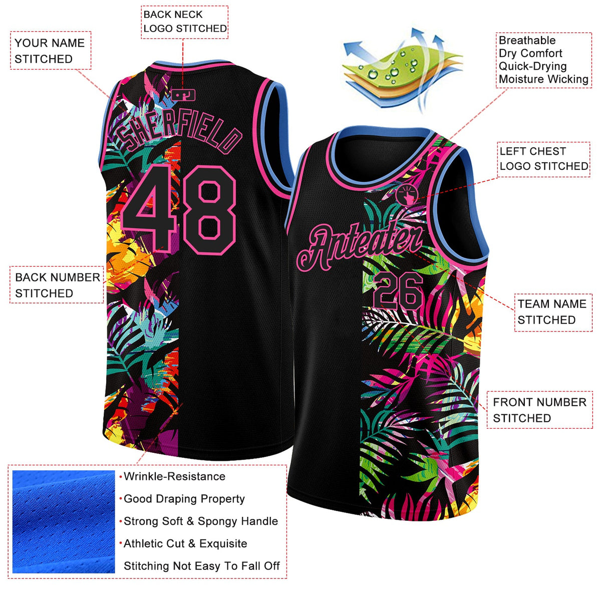 Custom Black Pink-Light Blue 3D PatternTropical Hawaii Palm Leaves Authentic Basketball Jersey - Back