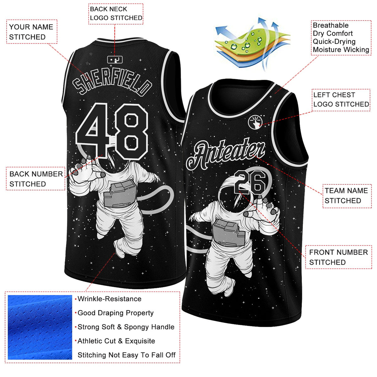 Custom Black White 3D Pattern Design Astronaut Authentic Basketball Jersey - Back