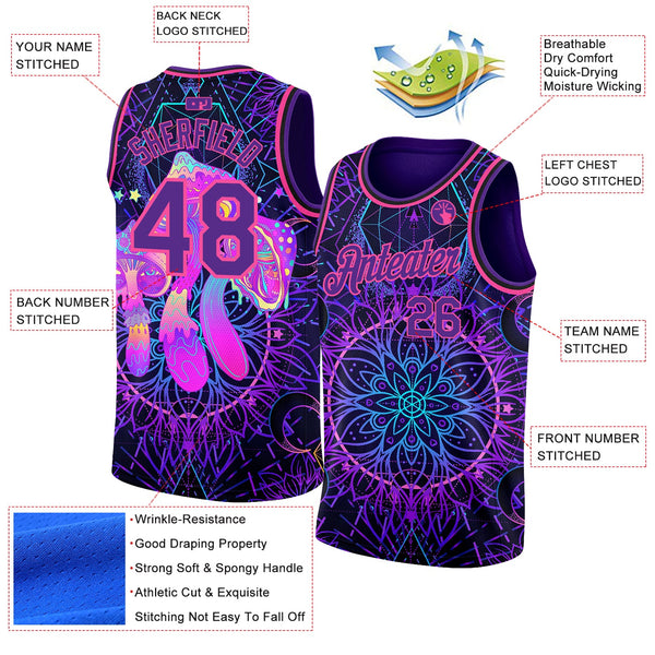 Custom Purple Pink 3D Pattern Design Magic Mushrooms Over Sacred Geometry Psychedelic Hallucination Authentic Basketball Jersey alternate