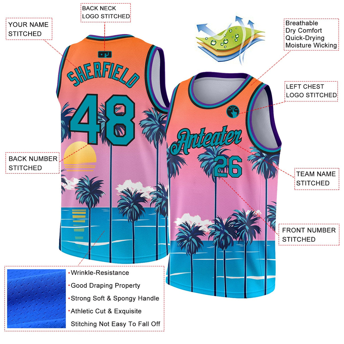 Custom Orange Teal-Black 3D Pattern Sun Beach Hawaii Palm Trees Authentic Basketball Jersey - Back
