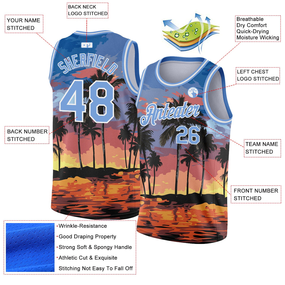 Custom Light Blue White 3D Pattern Tropical Hawaii Palm Trees Authentic Basketball Jersey - Back