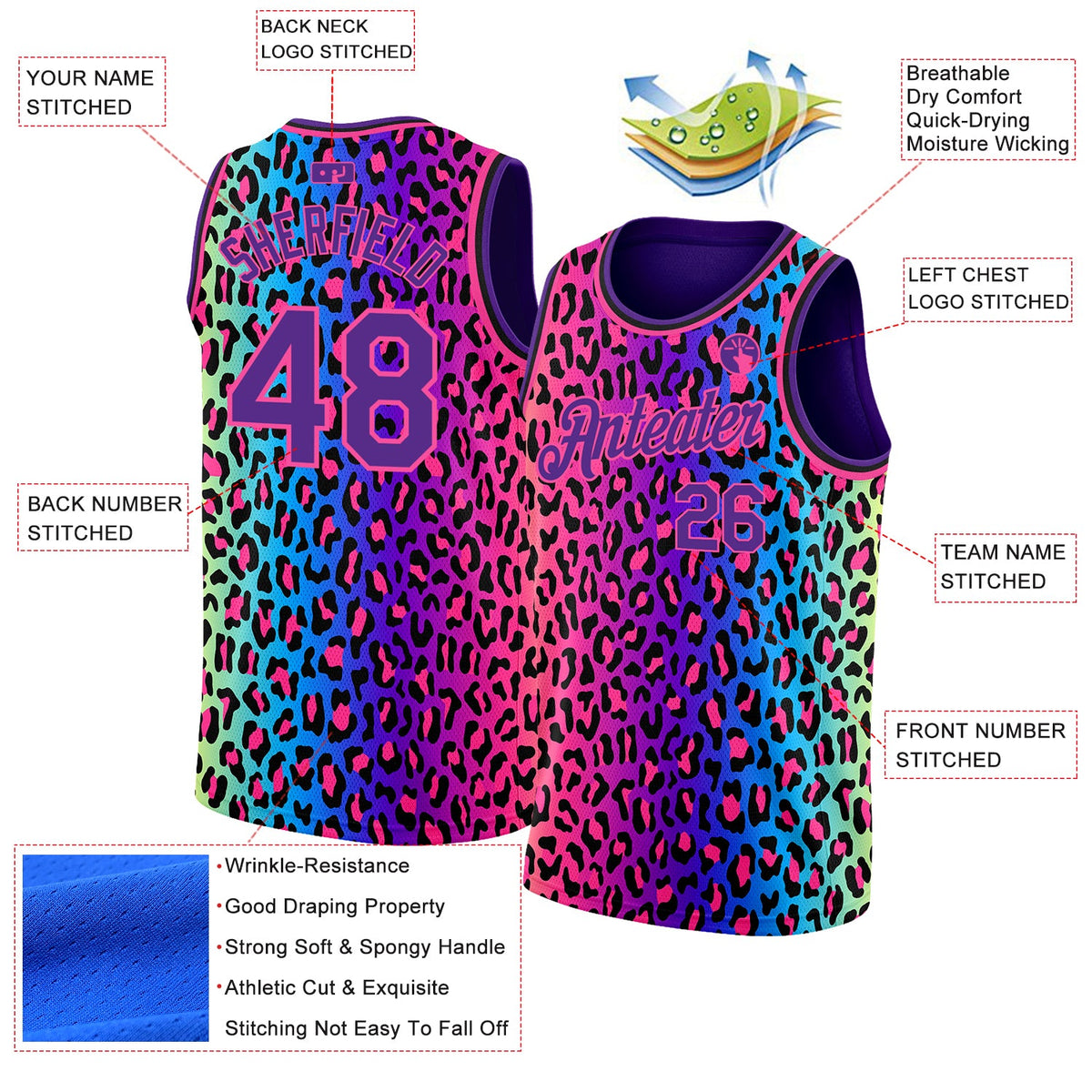 Custom Purple Pink-Black 3D Pattern Design Leopard Print Authentic Basketball Jersey - Back
