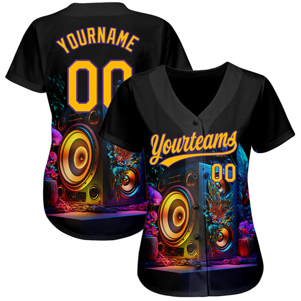 Custom Black Gold-Purple 3D Pattern Design Music Festival Vintage Speaker Music Sound System Authentic Baseball Jersey alternate