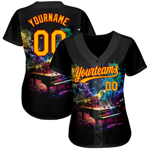 Custom Black Gold-Red 3D Pattern Design Music Festival Piano With Colorful Smoke Authentic Baseball Jersey alternate