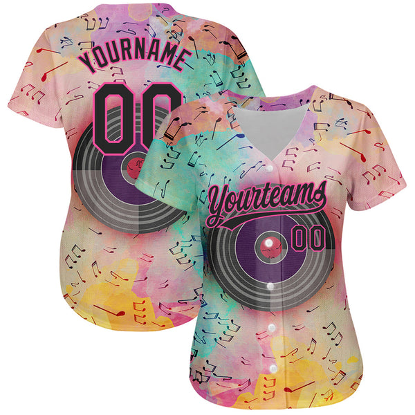 Custom Pink Black 3D Pattern Design Music Festival Watercolor Colored Musical Notes Authentic Baseball Jersey alternate